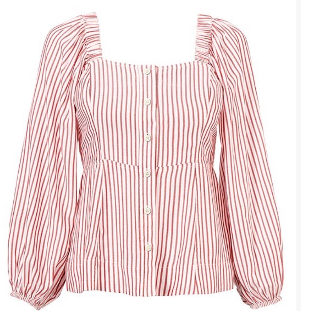 CAbi Red and White Stripe Bishop Sleeve Carnival Empire Waist Top